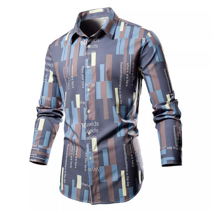 Men's White Vertical Stripe Long Sleeve Shirts, Single Breasted Lapel Shirt, Blue Gray Red Khaki Available, European Size S-XXL