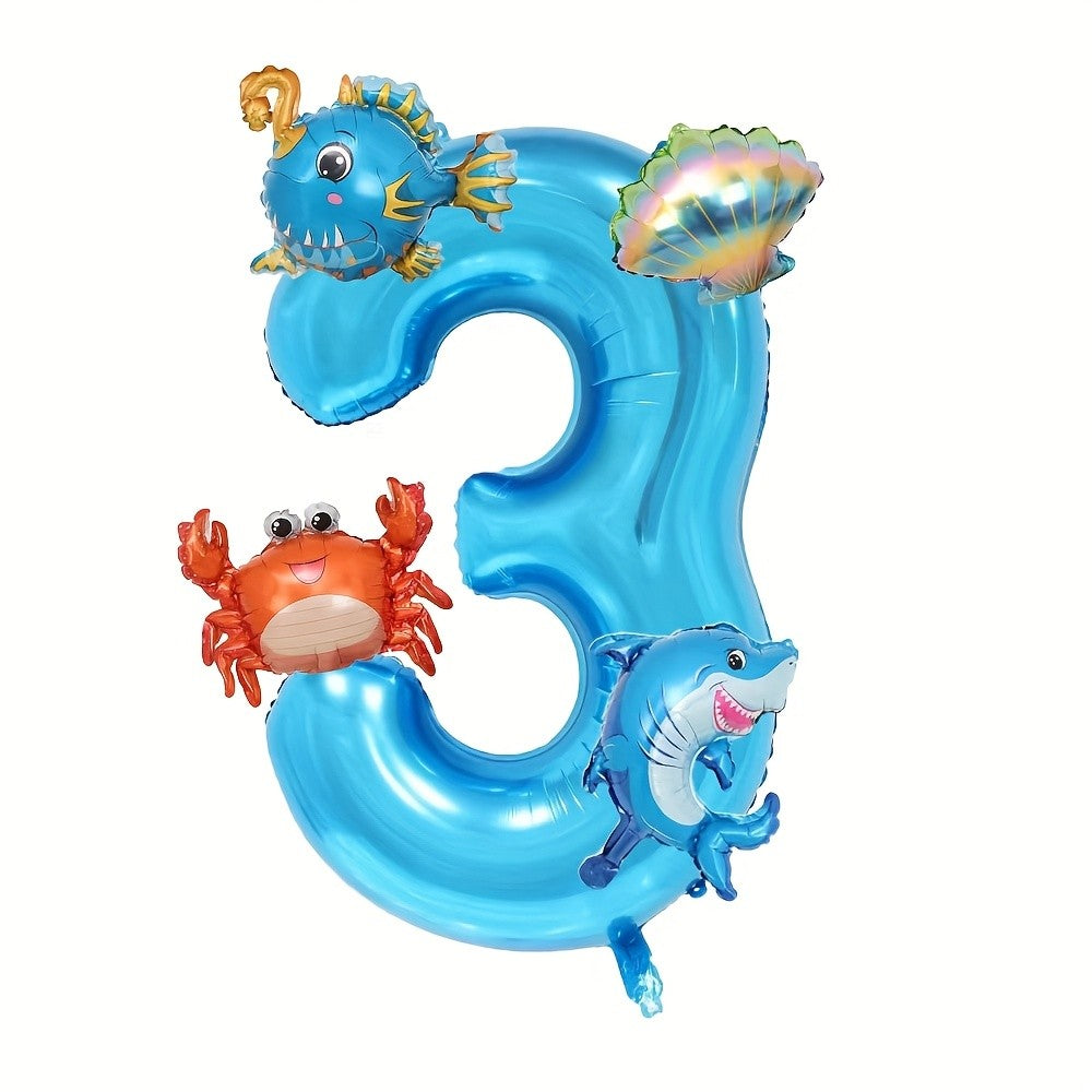 5Pcs Mini Blue Ocean Balloon Set Blue Number Balloon Set Ocean Animals Shark Crab Themed Birthday Party Decorations Gifts