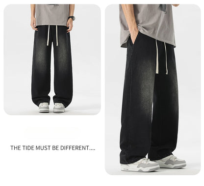 Calça Jeans Masculina Americana Solta Perna Larga Reta Casual Street Hip-hop Folgada Jeans Preto Cinza Azul Streetwear Masculino