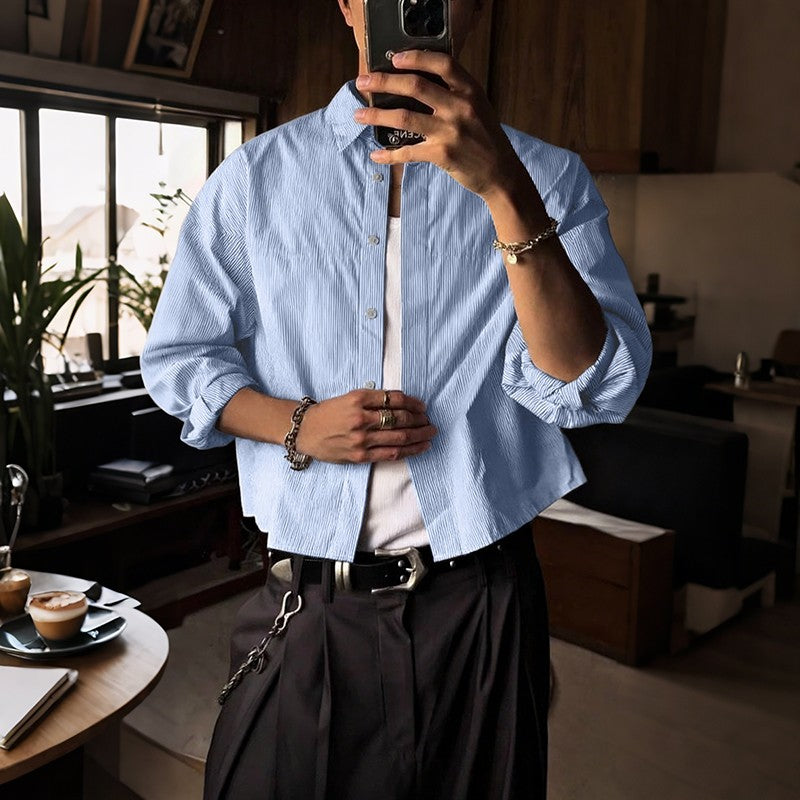 INCERUN Men Shirt Striped Lapel Long Sleeve Loose Casual Men Clothing Streetwear 2025 Korean Style Fashion Crop Tops Men