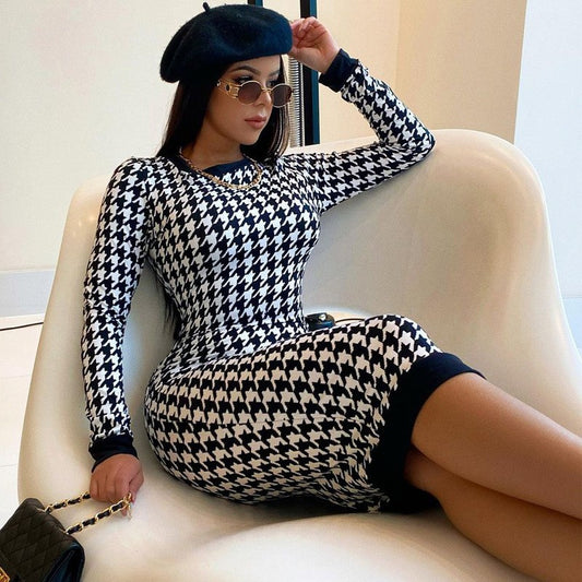 Houndstooth Print Women Long Sleeve Midi Dress Hollow Out Bodycon Sexy Streetwea