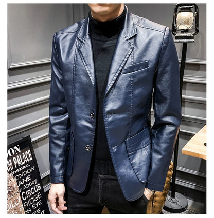 New Spring Men Slim Leather Blazers Jackets PU Leather Suits Coats Good Quality Male Business Casual Fit Suits Jackets Size 6XL