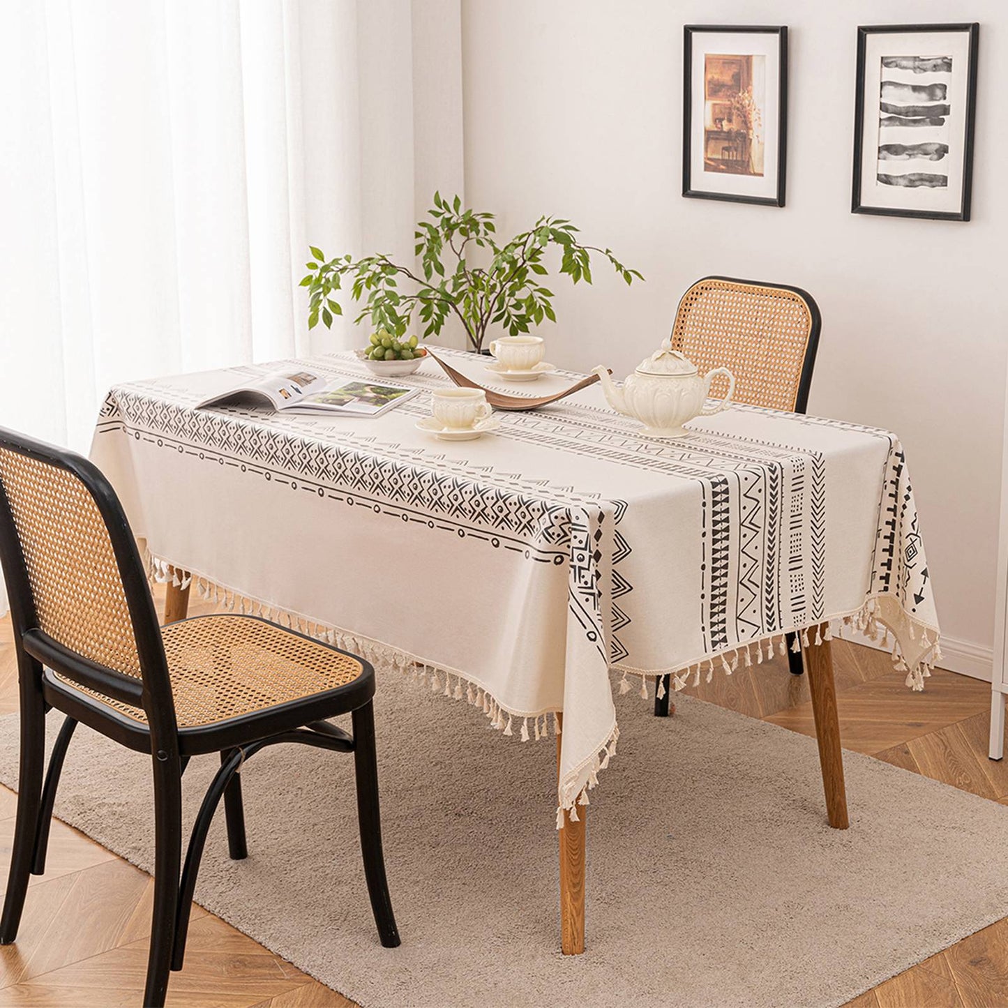 Vintage Boho Tassel Table Cloth Waterproof Cotton Linen Bohemian Tablecloth Patio Outdoor Wrinkle Free Table Protector Covers