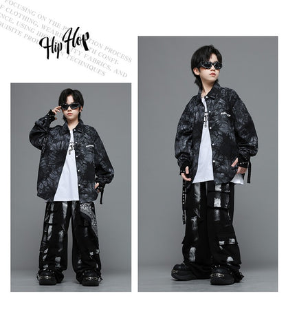 Roupas Infantis Hip Hop Casaco Brilhante Preto Top Calças Jogger Pretas de Rua para Meninas Meninos Fantasia de Dança Jazz Roupas