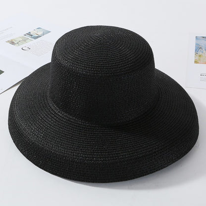2023 New Summer Sun Hats Ladies Solid Plain Elegant Wide Brim Hat Female Round Top Panama Floppy Straw Beach Hat Women ????