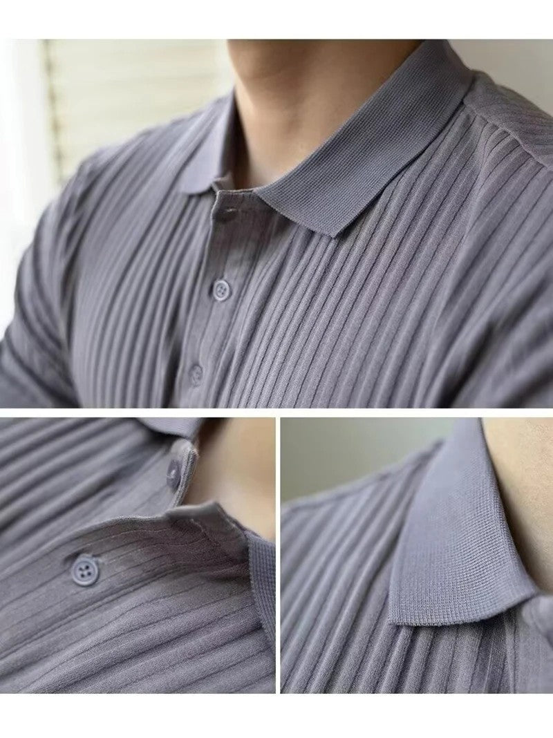 New Vertical Stripe Knit Polo Men's Shirts Summer Slim Solid Color Breathable Turn-Down Collar Business Short Sleeve Polo Tops