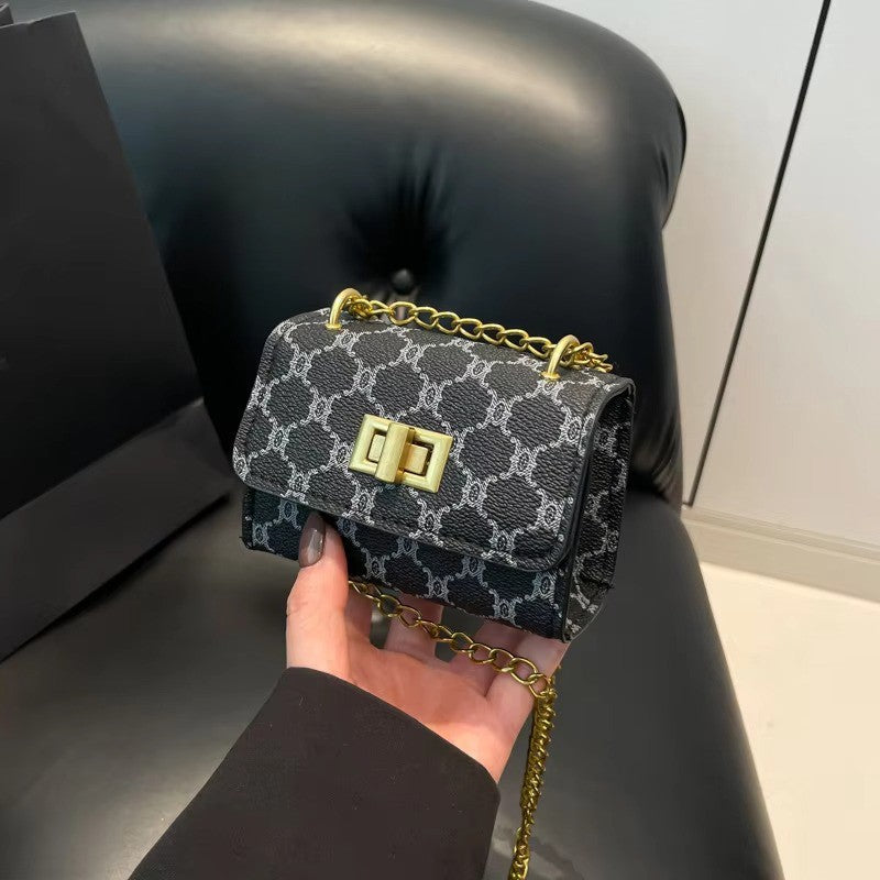 Stylish Mini Crossbody Bag with Buckle Closure Geometric Pattern  Faux Leather  Faux Leather Lining Purse Painted Edge Detail