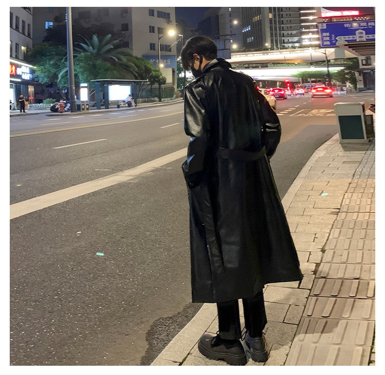 Autumn Trench Coat Men's High-end Luxury Double Row PU Leather Coat Male Long Korean Style Windbreaker Motorcycle Leather Jacket