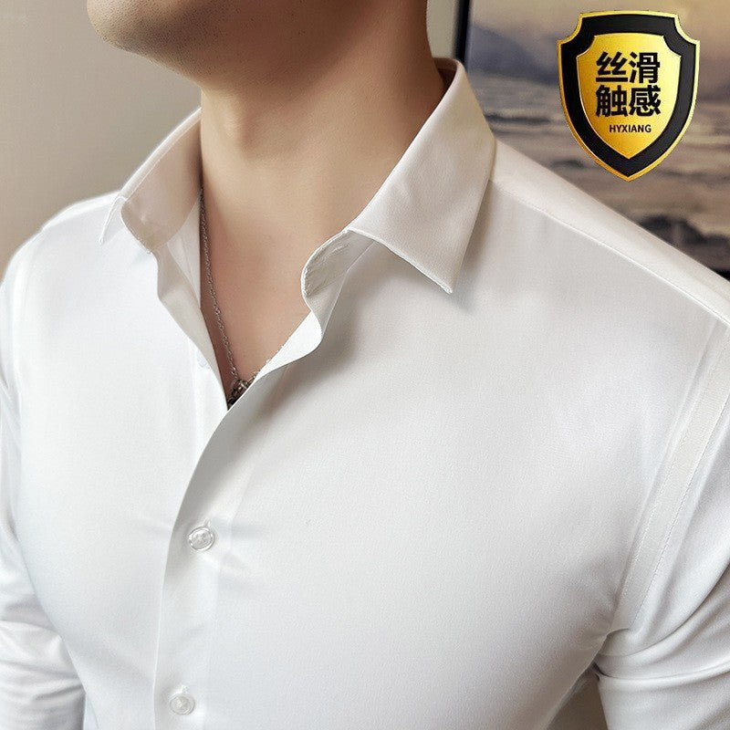 Seamless silk business casual shirt, long sleeved white non ironing elastic silk sliding cross shirt, men's formal wear
