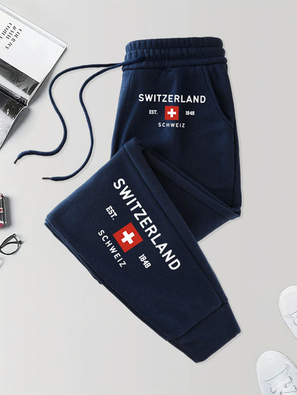 Suíça Fundada em 1848 Estampas Calças Esportivas Masculinas Bolsos Calças Outono Britches Cintura Elástica Calças de Moletom Esportivas Calças de Rua Modernas Unissex