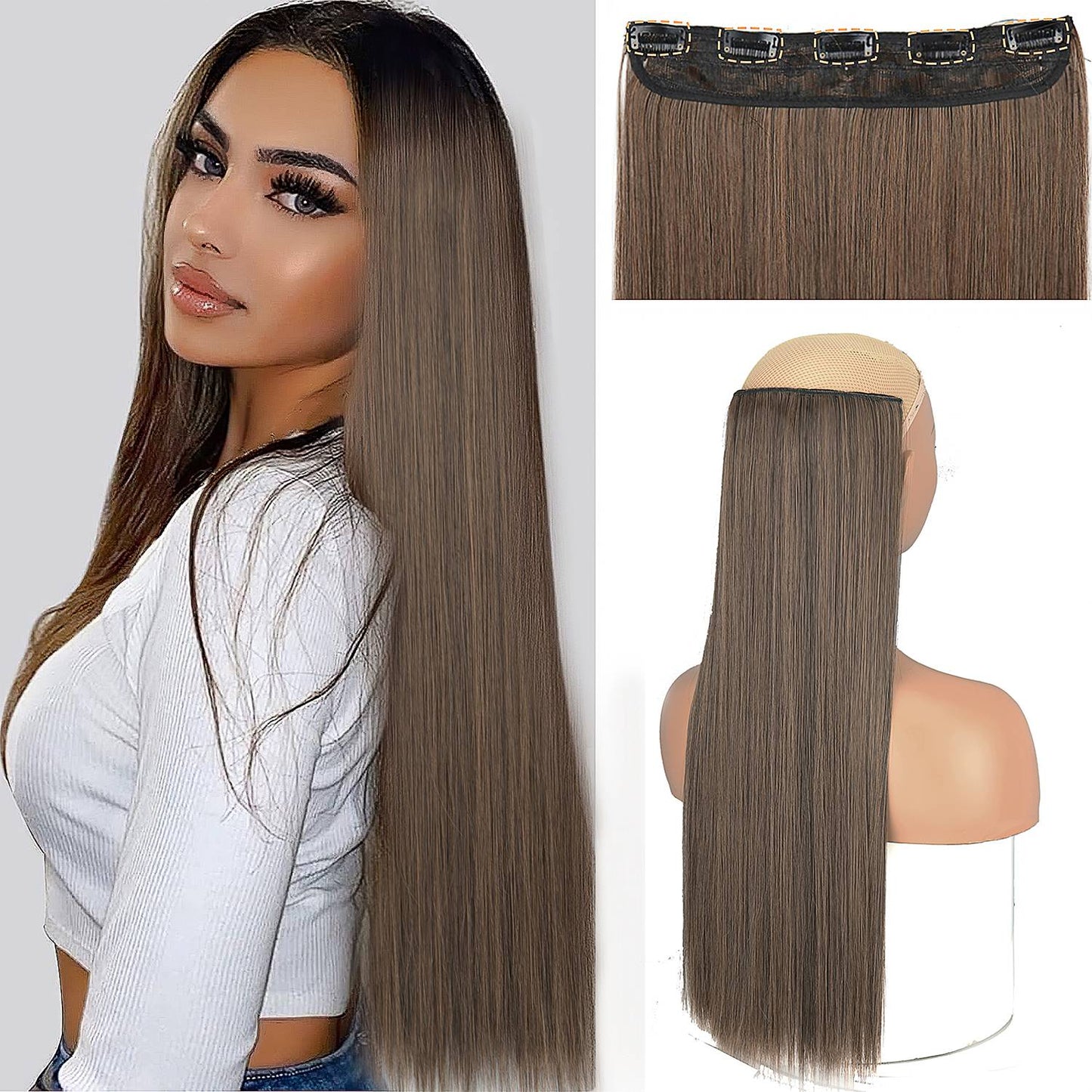 Extensão de Cabelo Liso Comprido de Fibra Sintética Resistente ao Calor com 5 Clipes 22"32" Preto Castanho Loiro