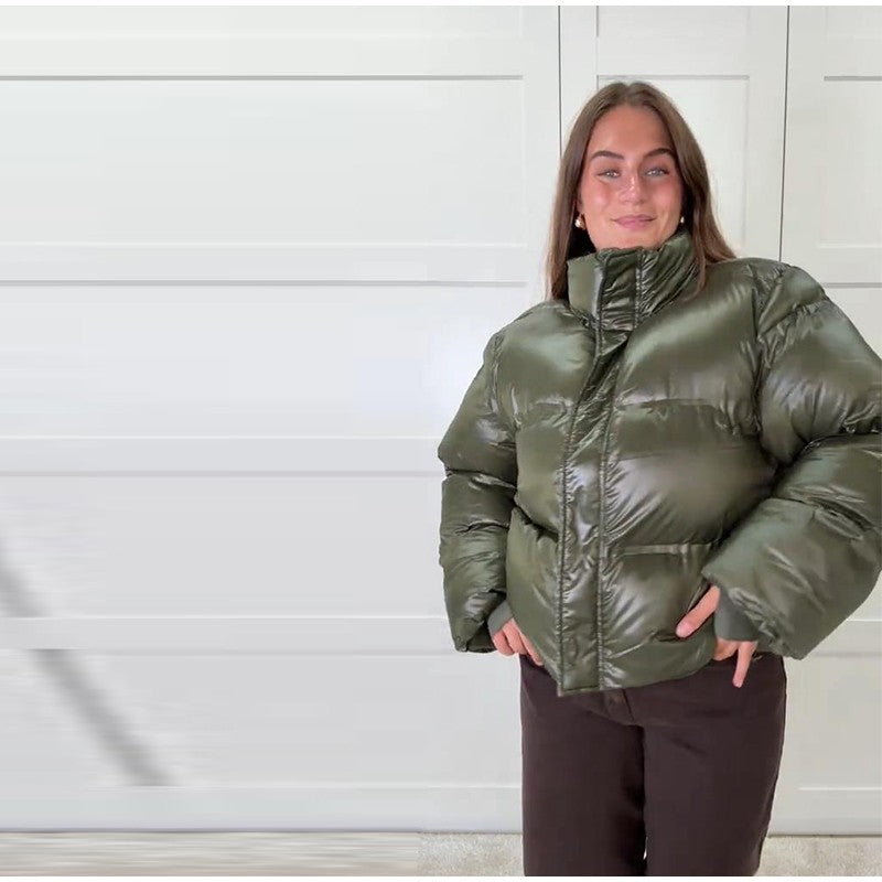 Fashion Glossy Padded Jacket Women's Solid Turtleneck Long Sleeve Warm Down Coat 2025 Autumn Winter New Lady Casual Outerwear