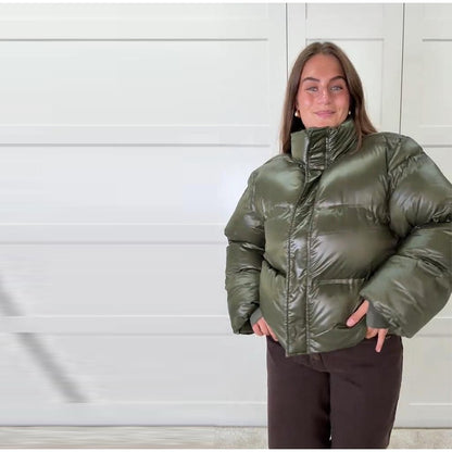 Fashion Glossy Padded Jacket Women's Solid Turtleneck Long Sleeve Warm Down Coat 2025 Autumn Winter New Lady Casual Outerwear