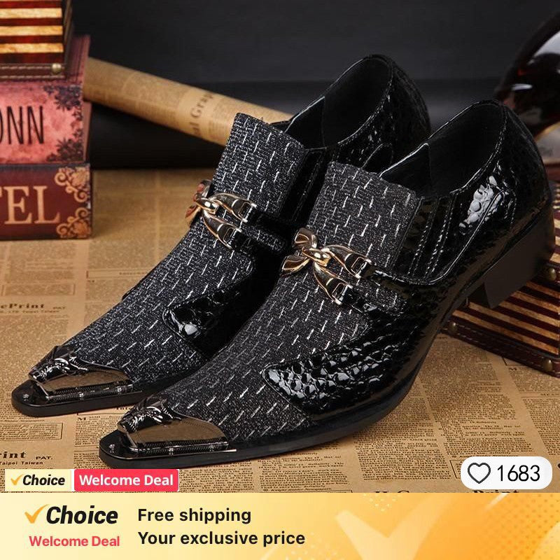 2024 Western Fashion Pointed Metal Toe Dress Shoes Blue Grey Party Wedding Leather Shoes for Men