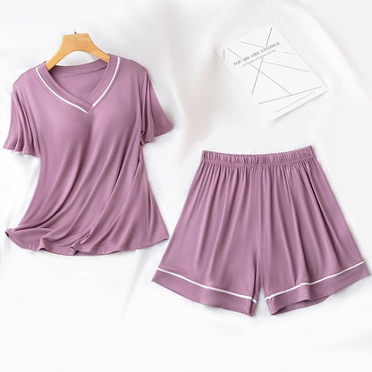 Sexy Nightwear Women Short Sleeves and Shorts with Chest Pads Pajamas Two-Piece Set of Comfortable Solid-Coloured Student Home W