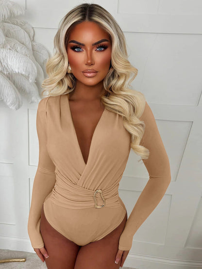 2025 Spring Autumn Deep V Neck Long Sleeve Bodysuits Women Fashion Solid Slim Fit Pleated T-Shirt Casual Female Jummsuits Tops