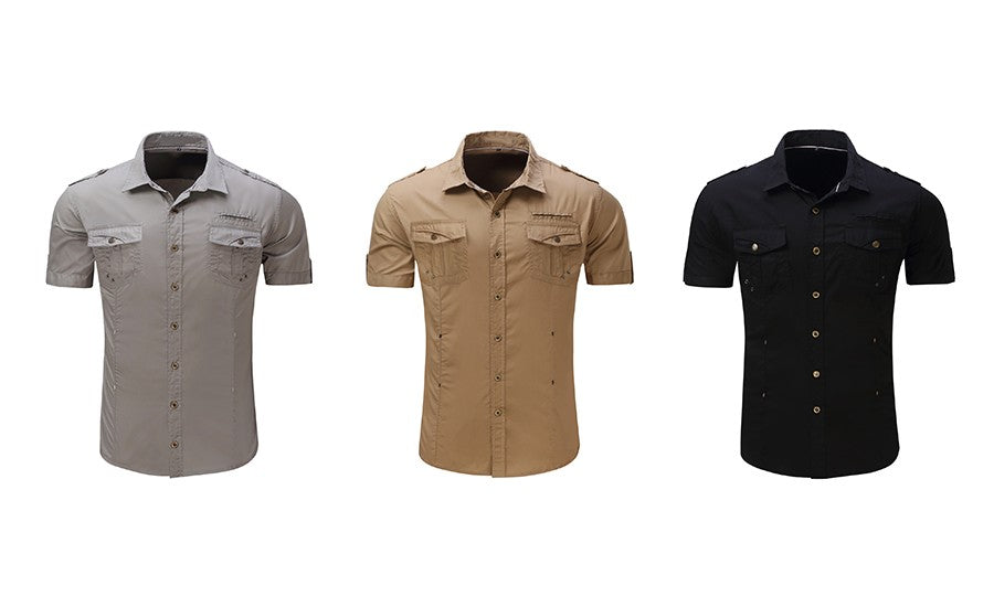 2025 New Fashion Men's Short Sleeve Safari Shirt Tops Summer 100% Cotton Solid Color Casual Cargo Work Shirts with Pocket