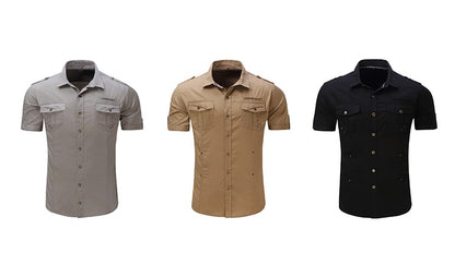 2025 New Fashion Men's Short Sleeve Safari Shirt Tops Summer 100% Cotton Solid Color Casual Cargo Work Shirts with Pocket