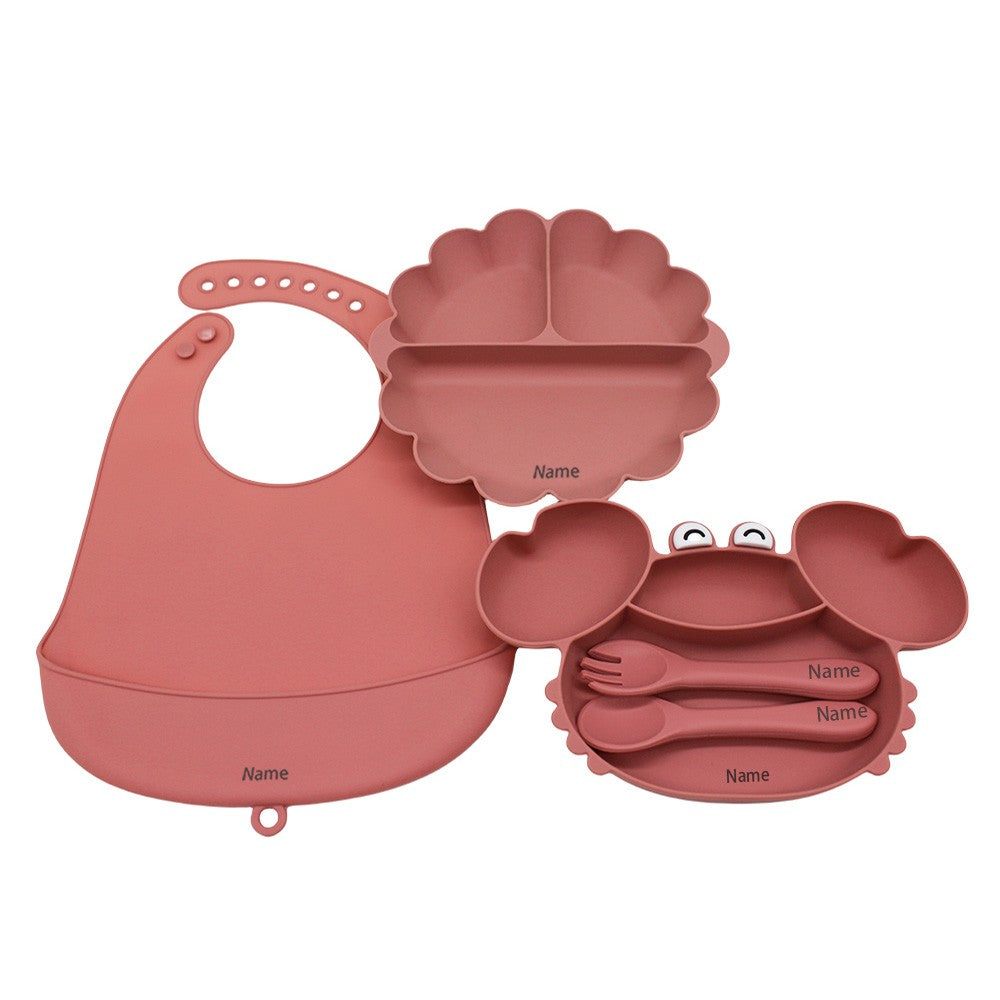 Free Name Printing Children's Tableware Set: Bib, Plate, Fork, Spoon - Silicone Material Personalized Gift