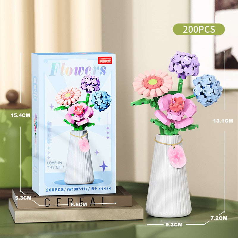 Flower Bouquet Building Blocks with Vase DIY Rose Sunflower Mini Bricks for Kids Birthday Party Favors Girls Gift Desktop Decor