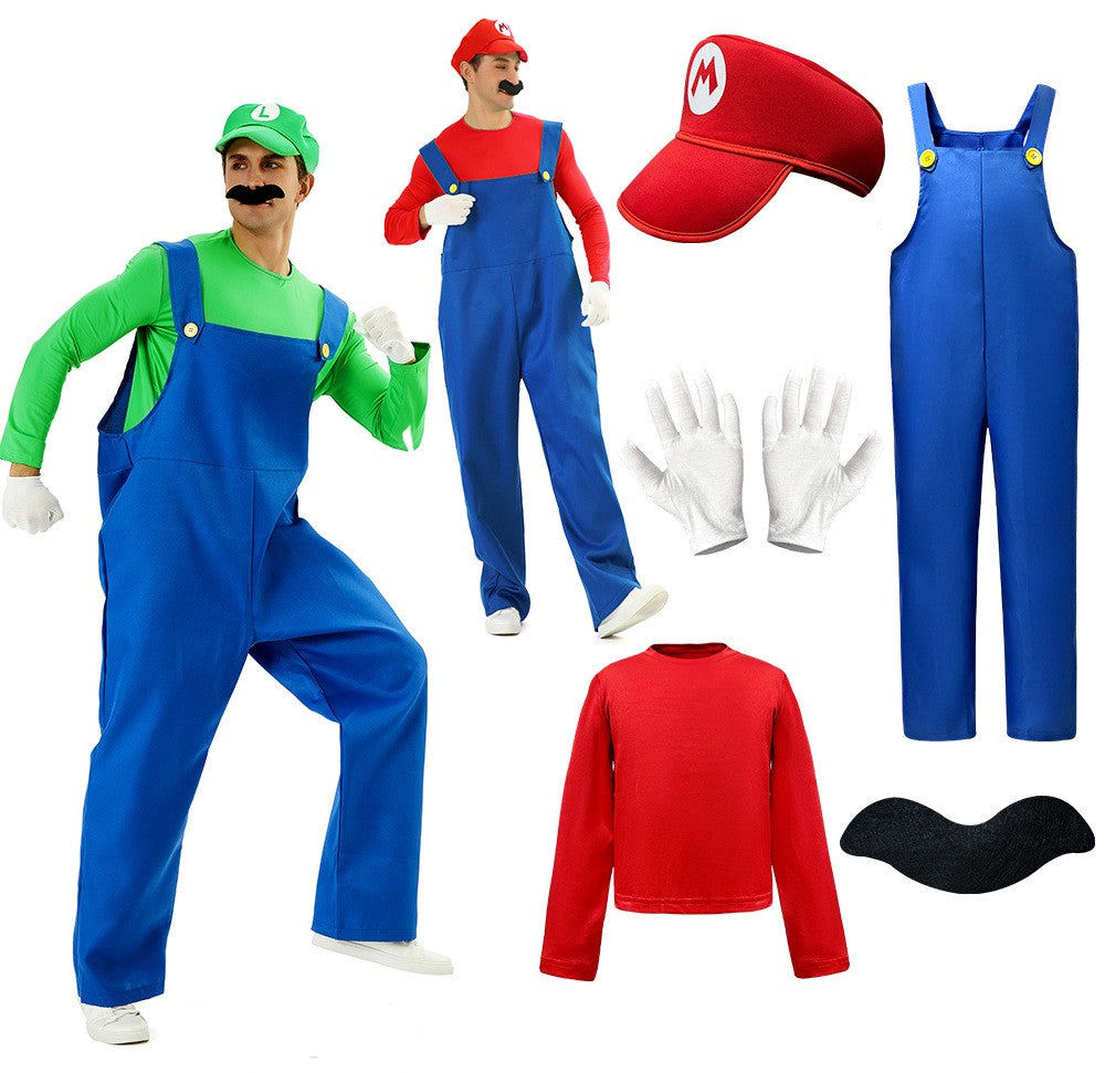 Game Super Luigi Brothers Uniform Funny Anime Adult Men Woman Halloween Carnival Performances Costume with Hat Mustache Gloves