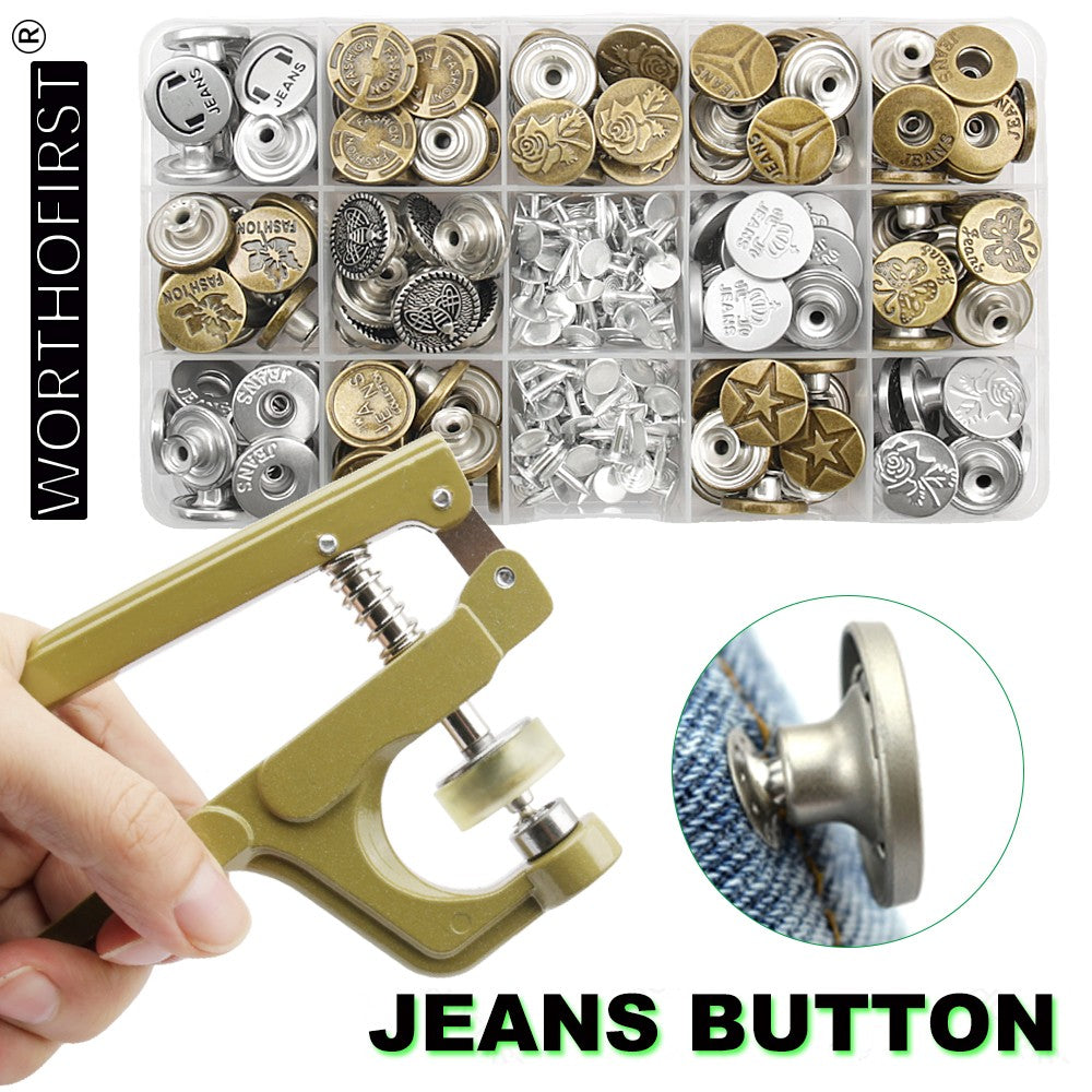 120Sets Jeans Buttons Shank Button with Pliers Sewing-Free Change Waist Size Buttons for Jeans Coat Sewing Accseeories