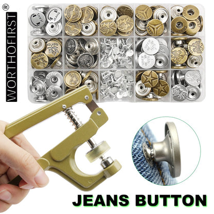 120Sets Jeans Buttons Shank Button with Pliers Sewing-Free Change Waist Size Buttons for Jeans Coat Sewing Accseeories