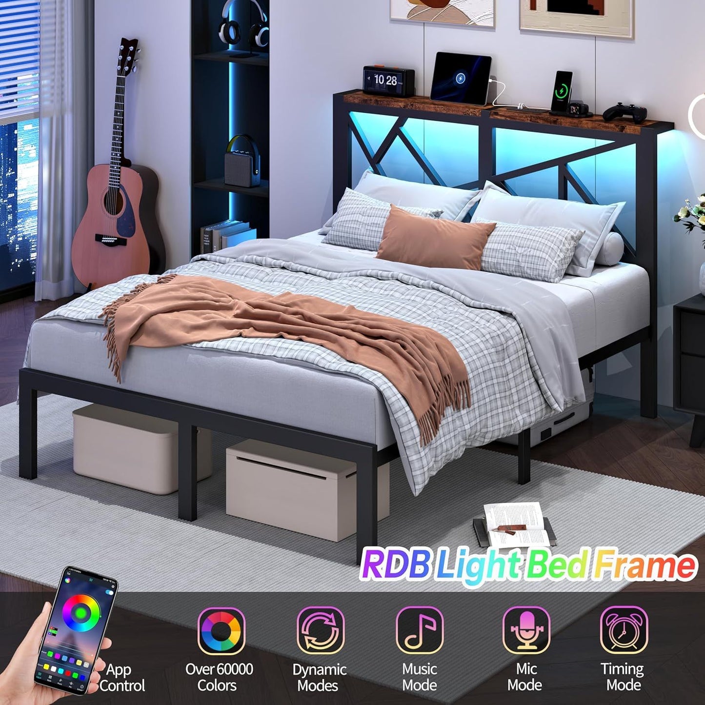 Full Size Metal Bed Frame with LED Lights, Storage Headboard with Charging Station, Modern Full Platform Bed with Heavy