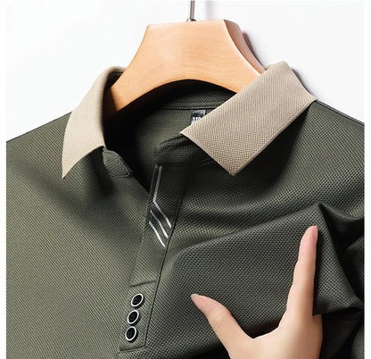 New Men's Long-sleeved Polo Shirt Sweatwear Business Casual Top Fashion Classic Solid Color Male Brand Basic V-neck Top