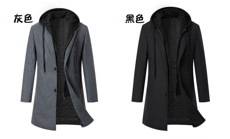 Men's Thickened Fake Two-Piece Wool Blend Overcoat, Hooded Long Coat Man, Autumn Winter Solid Color Slim Windbreaker Men