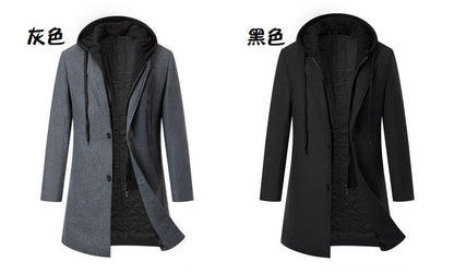 Men's Thickened Fake Two-Piece Wool Blend Overcoat, Hooded Long Coat Man, Autumn Winter Solid Color Slim Windbreaker Men