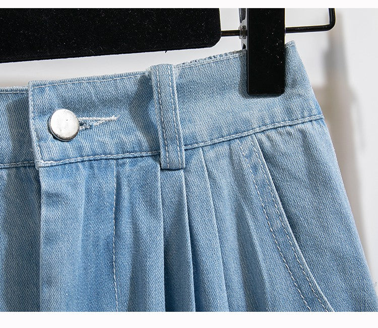 Plus Size Denim Skirt Women Summer 2025 New Korean Style High Waist A Line Pleated Long Jean Skirt Casual Women Maxi Skirt