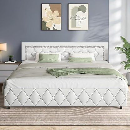 Cama King Size com Estrutura e Cabeceira Diamante, Plataforma Estofada em Couro Sintético, Base para Colchão, Não Requer Box Spring,