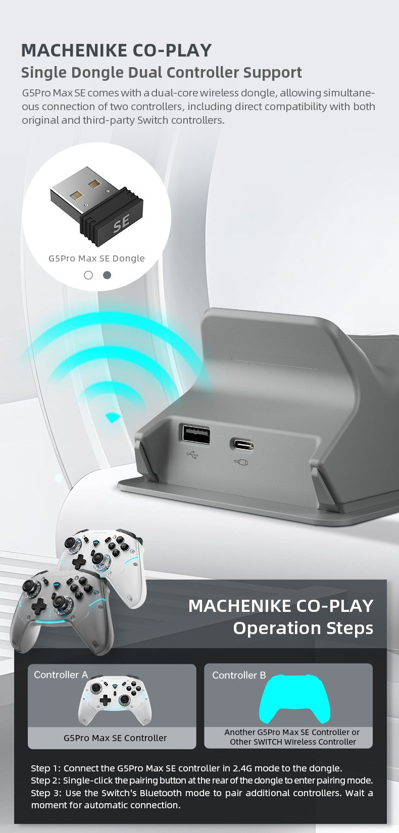 MACHENIKE G5Pro Max SE Gaming Controller With Charging Dock Optional Hall Effect Joysticks Triggers RGB Light Wireless Gamepad