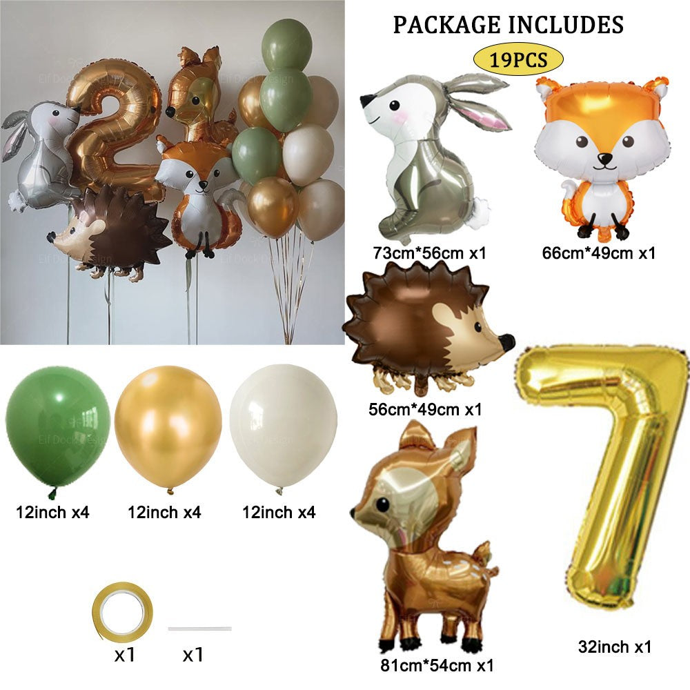 19pcs Hedgehog Deer Fox Rabbit Balloon Set Gold Number Balloon Woodland Animal Happy Birthday Party Decorations