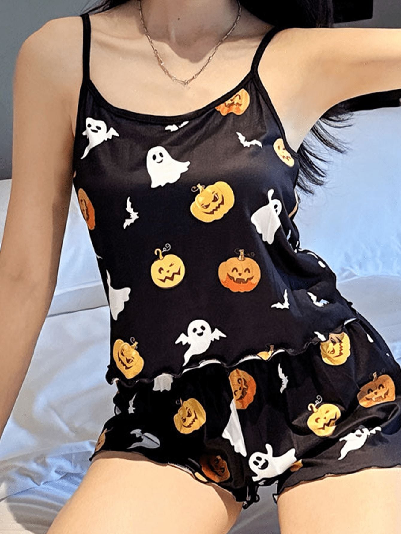 Halloween Pumpkin & Ghost Print Camisole Top And Shorts two piece sets