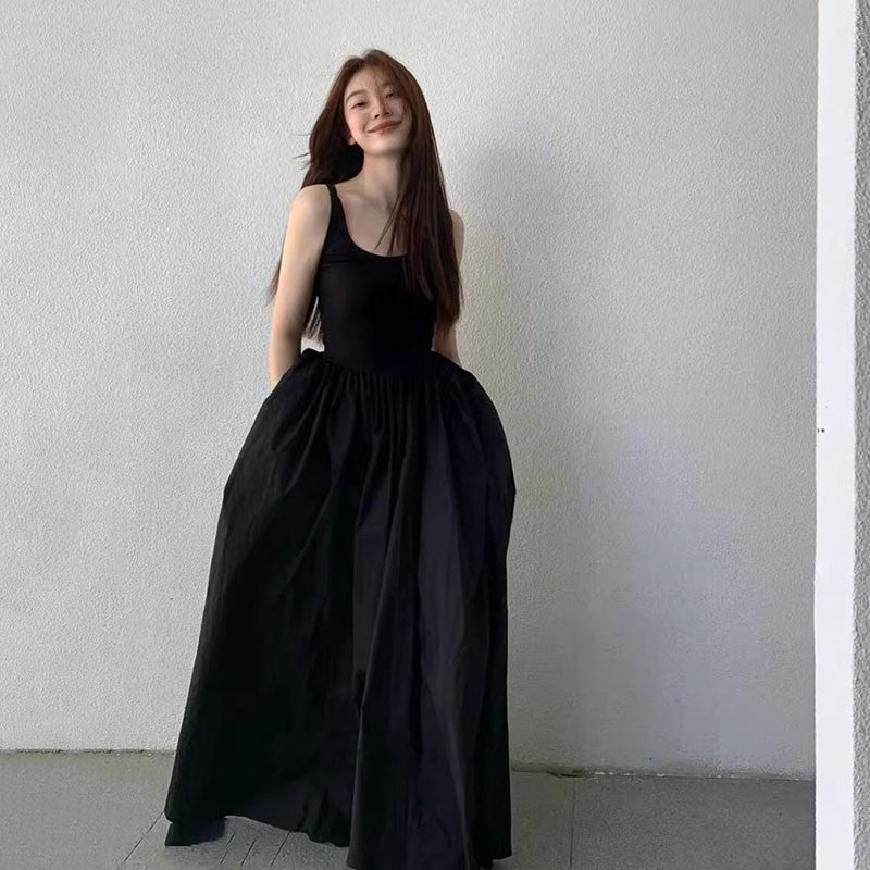 Black Strapless Long Dress Women Fashion Slim Sleeveless O-Neck High Waist Dress