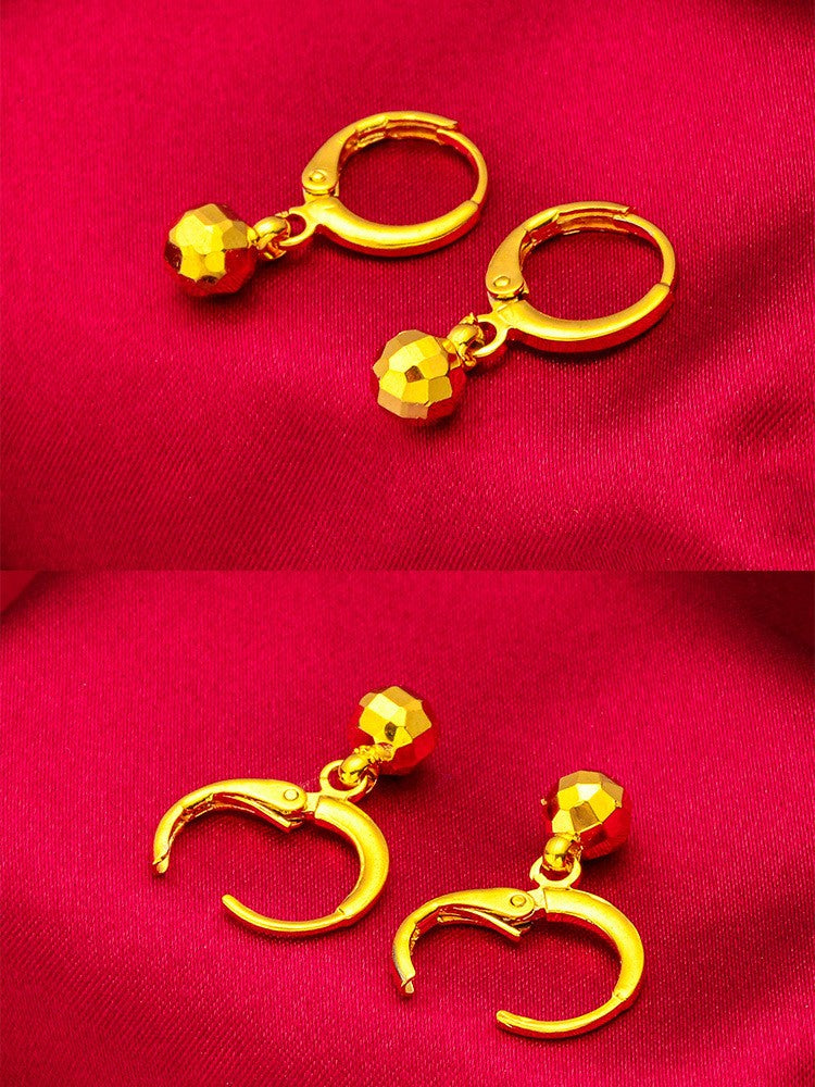 24K Gold AU999 Women's Thin Bead Earrings-Necklace Set-Polished Gold Beads in Arc, Thin Chain Flattering, Luxury Daily Versatile