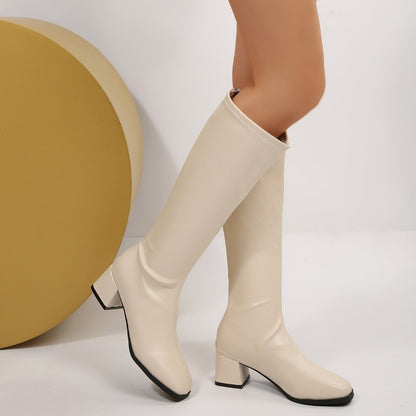 Winter Women Knee High Boots Cosy Soft Leather Thick Heel Shoes Female Vintage Slim Long Booties Zapatos De Muje