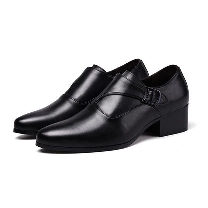 Genuine Leather Men Height Increasing Dress Shoes 6cm Fashion Business Brand Male Footwear Pure Black Monks