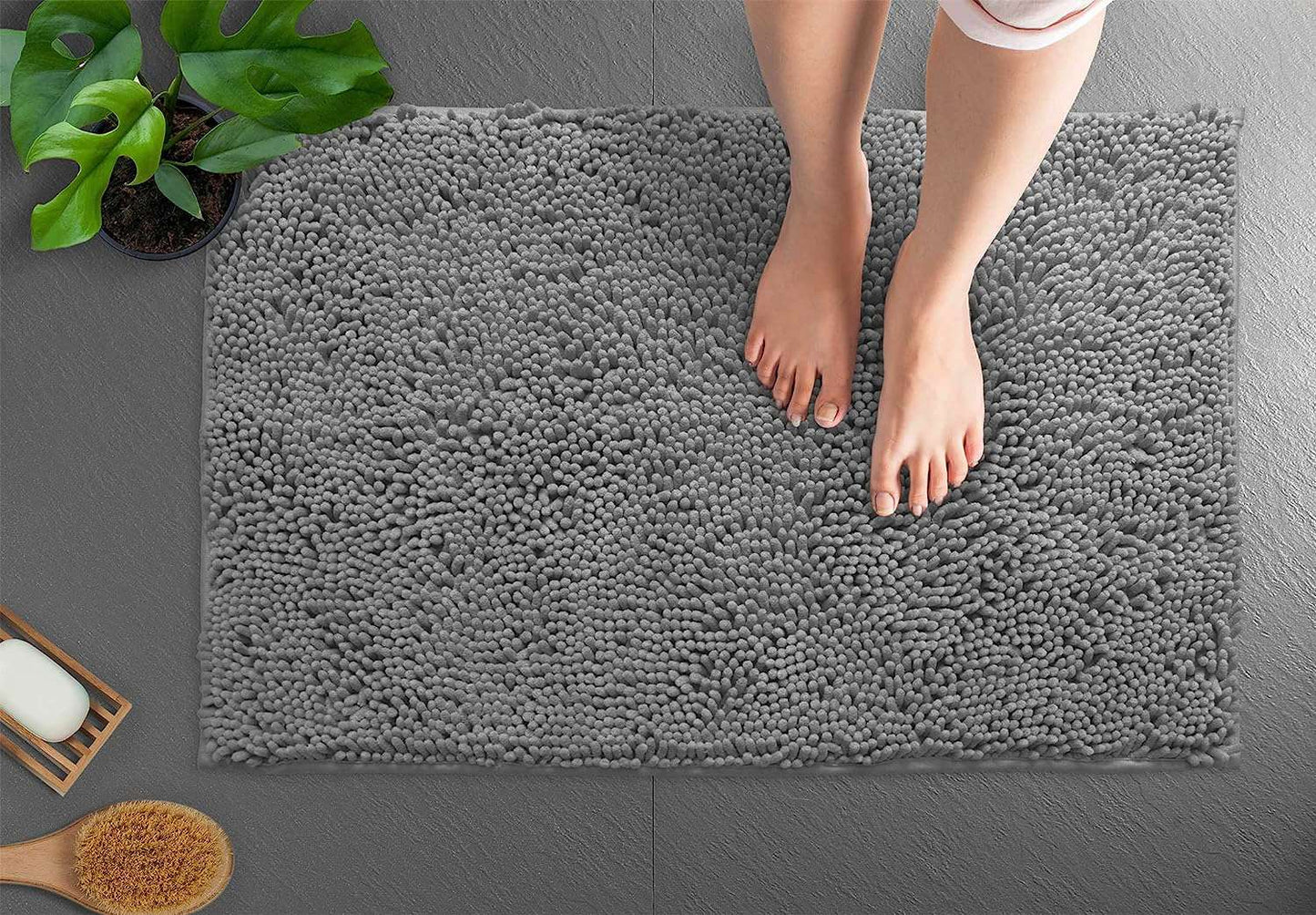 Tapete de Banho de Pelúcia Macia Chenille Absorvente Lavável à Máquina Tapete de Banheiro Antiderrapante Adequado para Bacias e Chuveiros
