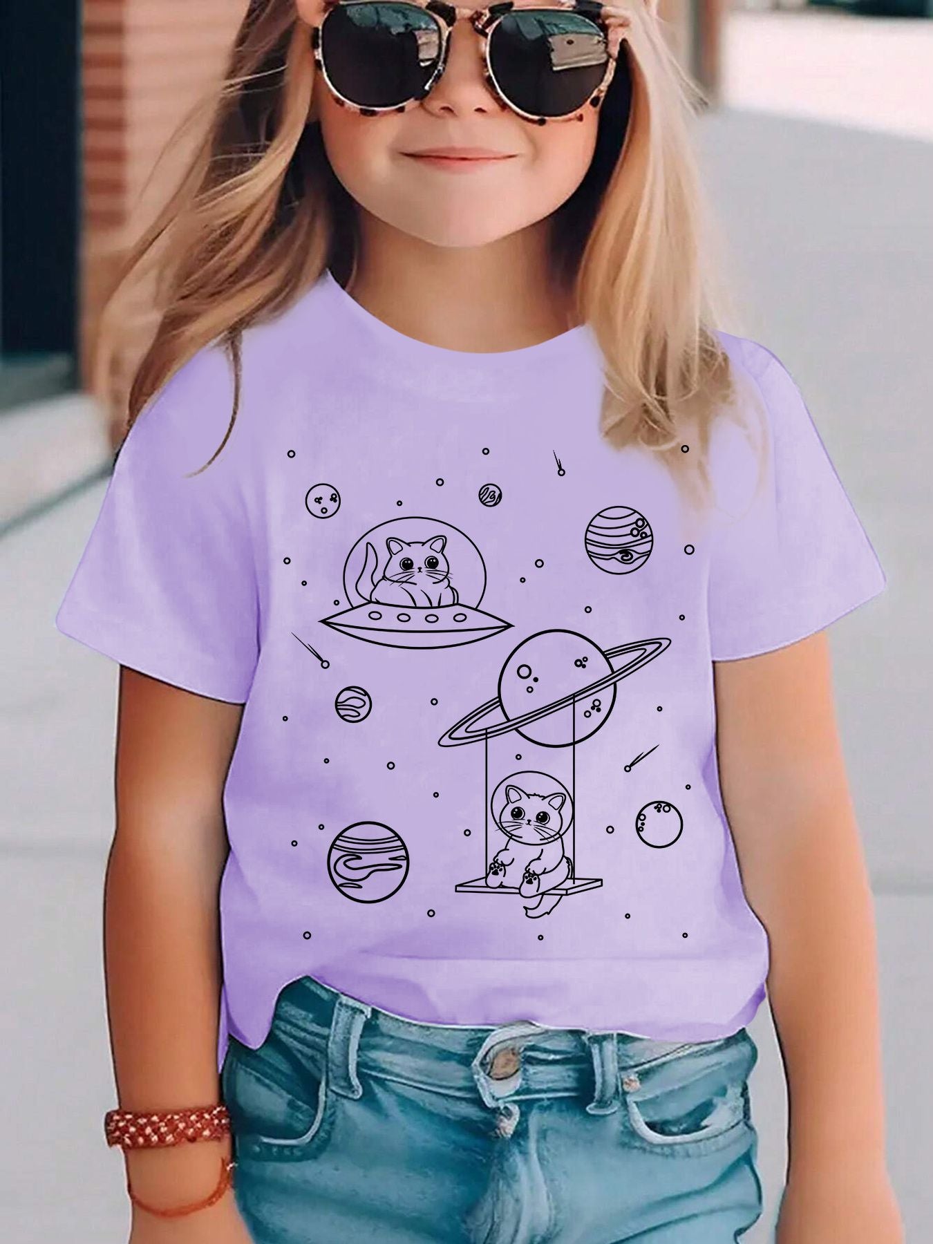 Camiseta Estampada Gato Espacial para Crianças Meninas Meninos Moda Casual Blusas Espaciais Menina Menino Camiseta Gato Fofo Roupa Infantil