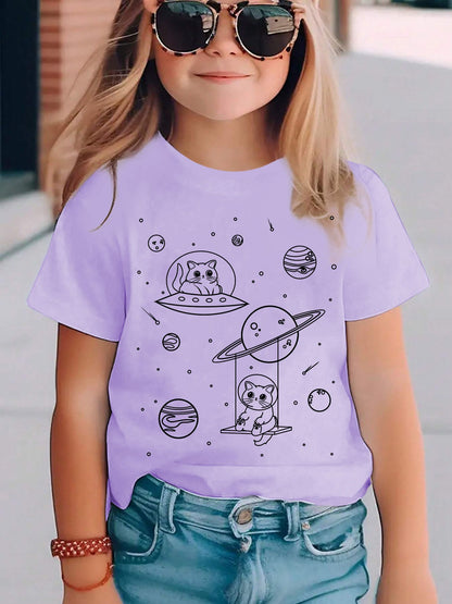 Camiseta Estampada Gato Espacial para Crianças Meninas Meninos Moda Casual Blusas Espaciais Menina Menino Camiseta Gato Fofo Roupa Infantil