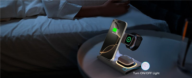 Carregador Sem Fio Dobrável 3 Em 1 De 300W Suporte Pad Estação De Carregamento Rápido De Mesa Para iPhone 16 15 14 13 Samsung Apple Watch Airpods