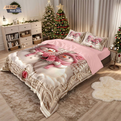 3pcs imitation relief pink Christmas snowman print coreless bedding set, multi size bedroom bedding decoration, machine washable