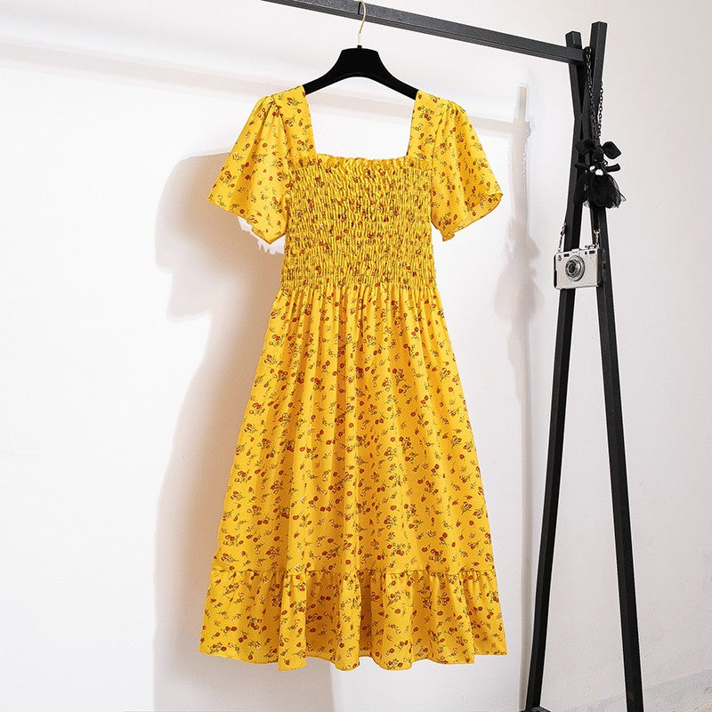 Spring Summer Chiffon Dress Women Midi DressesFemale Short Sleeve Elastic Waist