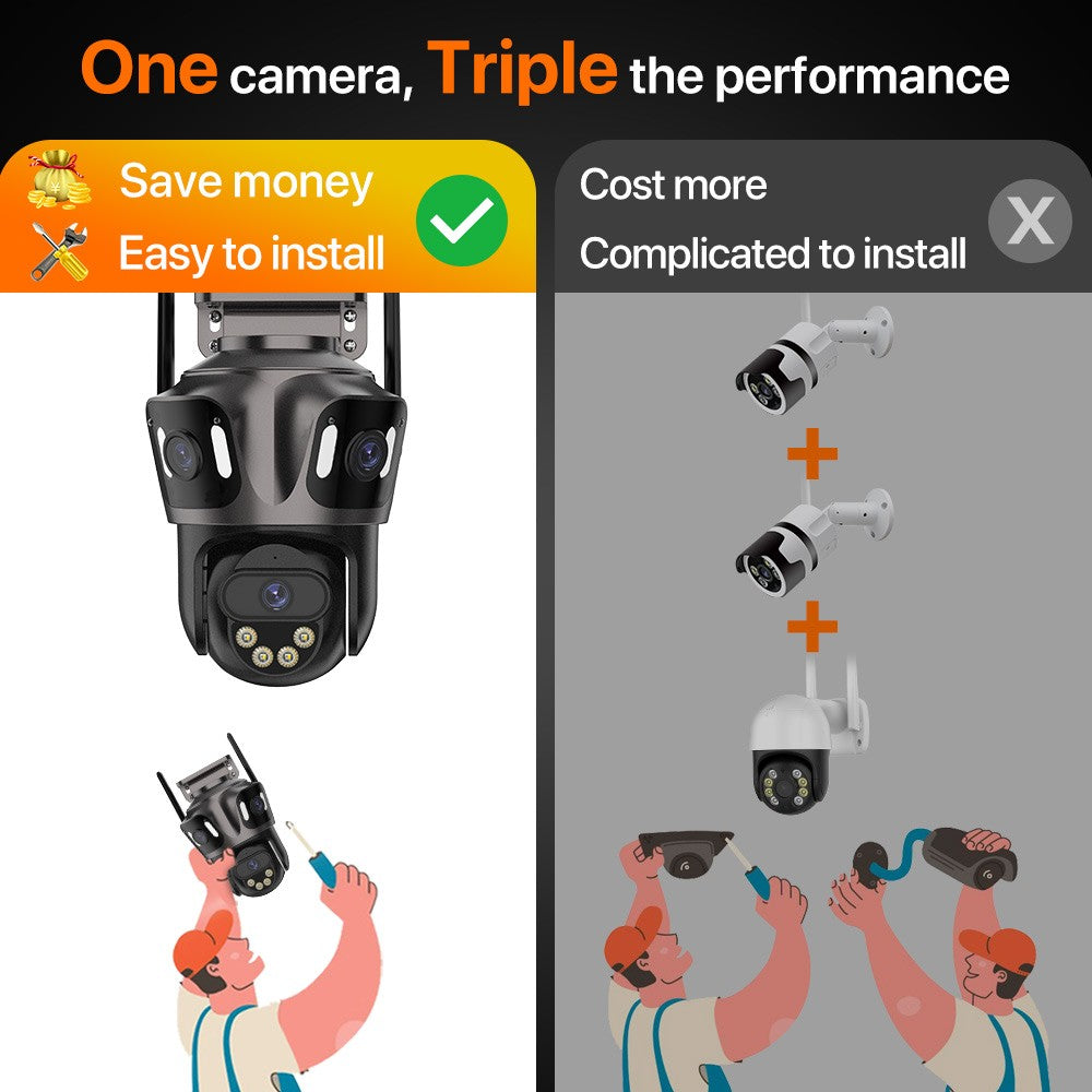 Câmera IP WIFI de Três Telas Externa 4K Lente Dupla Câmera PTZ Detecção Humana por IA Câmera de Segurança de Vídeo CCTV IP66 à Prova D'água iCsee
