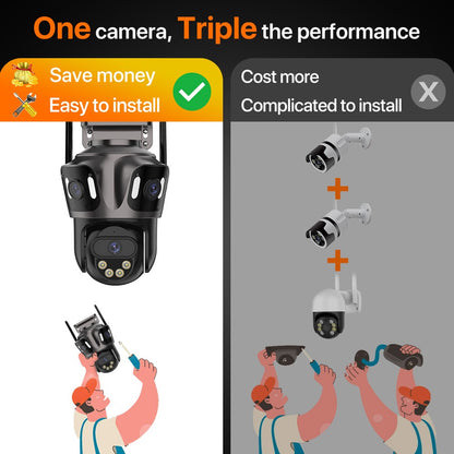 Câmera IP WIFI de Três Telas Externa 4K Lente Dupla Câmera PTZ Detecção Humana por IA Câmera de Segurança de Vídeo CCTV IP66 à Prova D'água iCsee
