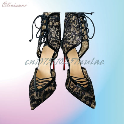 Sexy Elegant Lace Strappy Hollow Pumps Pointy Toe Black Stiletto High Heel Hot Girls Party 2025 Women Shoes Zapatos Para Mujere