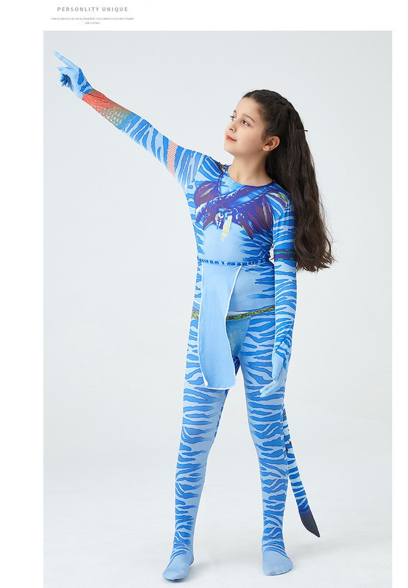 Girls Avatar 2 Neytiri Costume Tail Suit Boys Jake Sully Cosplay Zentai Bodysuit Jumpsuit Kids Halloween Birthday Party Costume